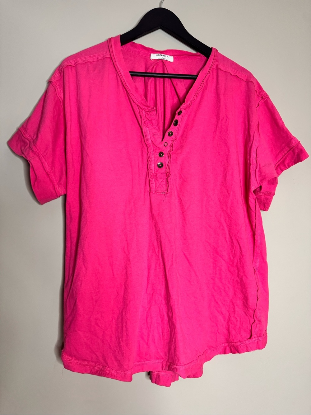 Zenana Outfitters Vibrant Pink Short Sleeve Henley
